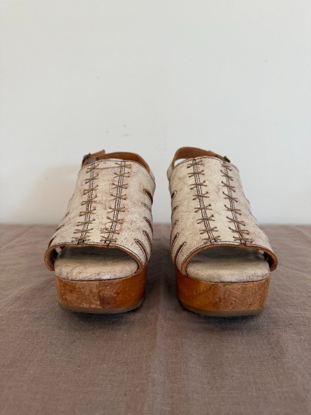 Bed Stu Handmade Woven Leather Wooden Platform Mules Size 8